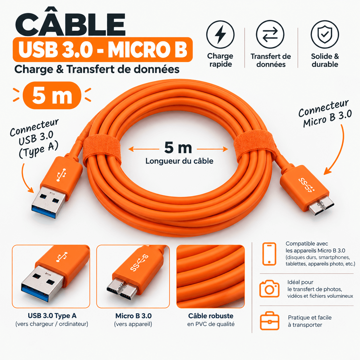 CABLE USB -MICRO B 5M
