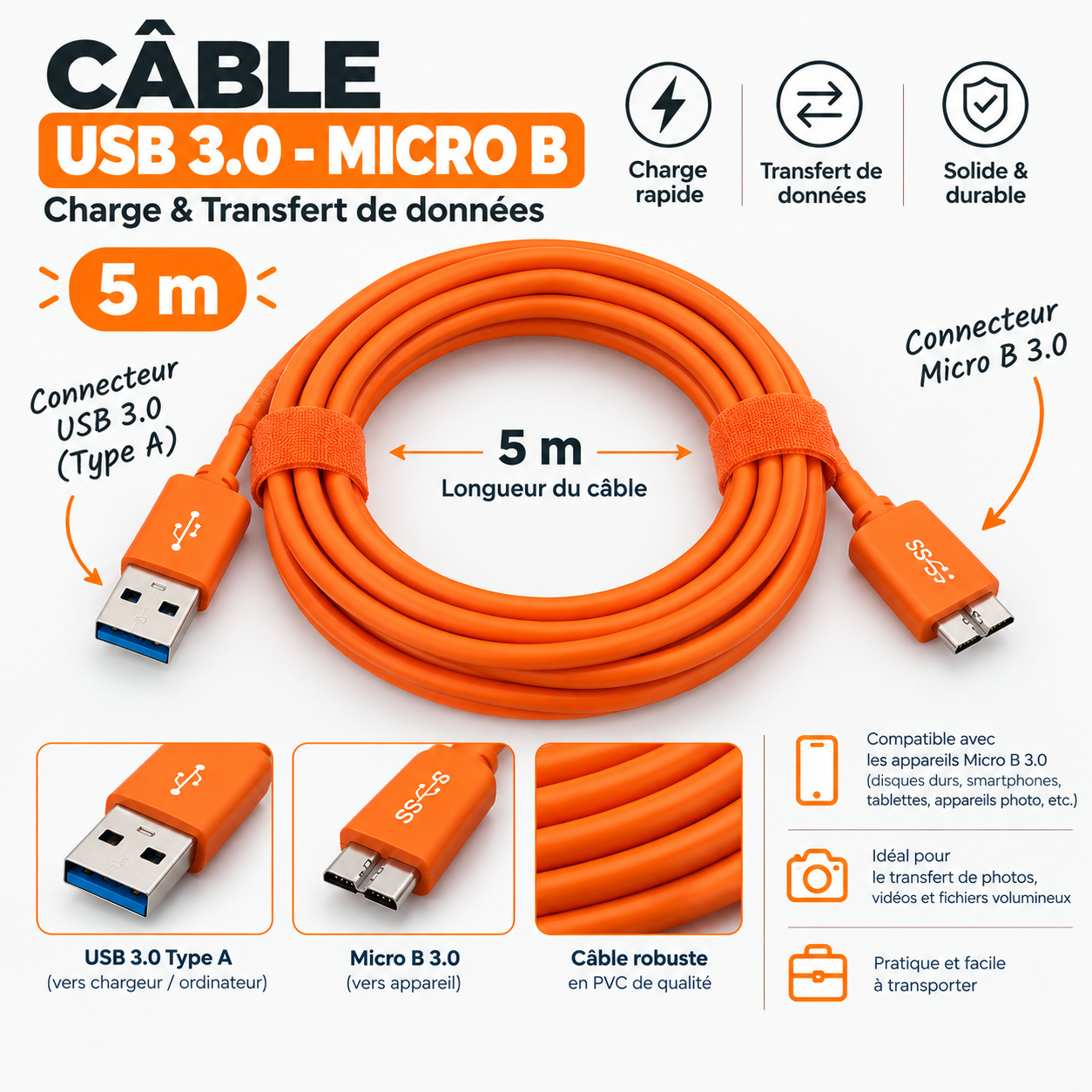 CABLE USB -MICRO B 5M